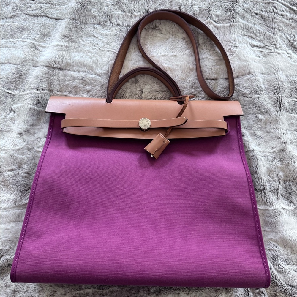Hermès Herbag Cabas / Herbag Zip Tote – Purple Canvas with Natural Leather